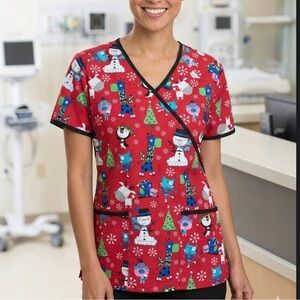 UA Scrubs Red Holiday Print Short Sleeve Top